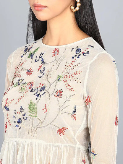 Zara Sheer Embroidery Beeded Top