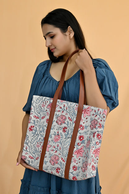 Floral Fusion Block Print Tote Bag