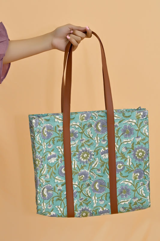 Aqua Pearl Block Print Tote Bag