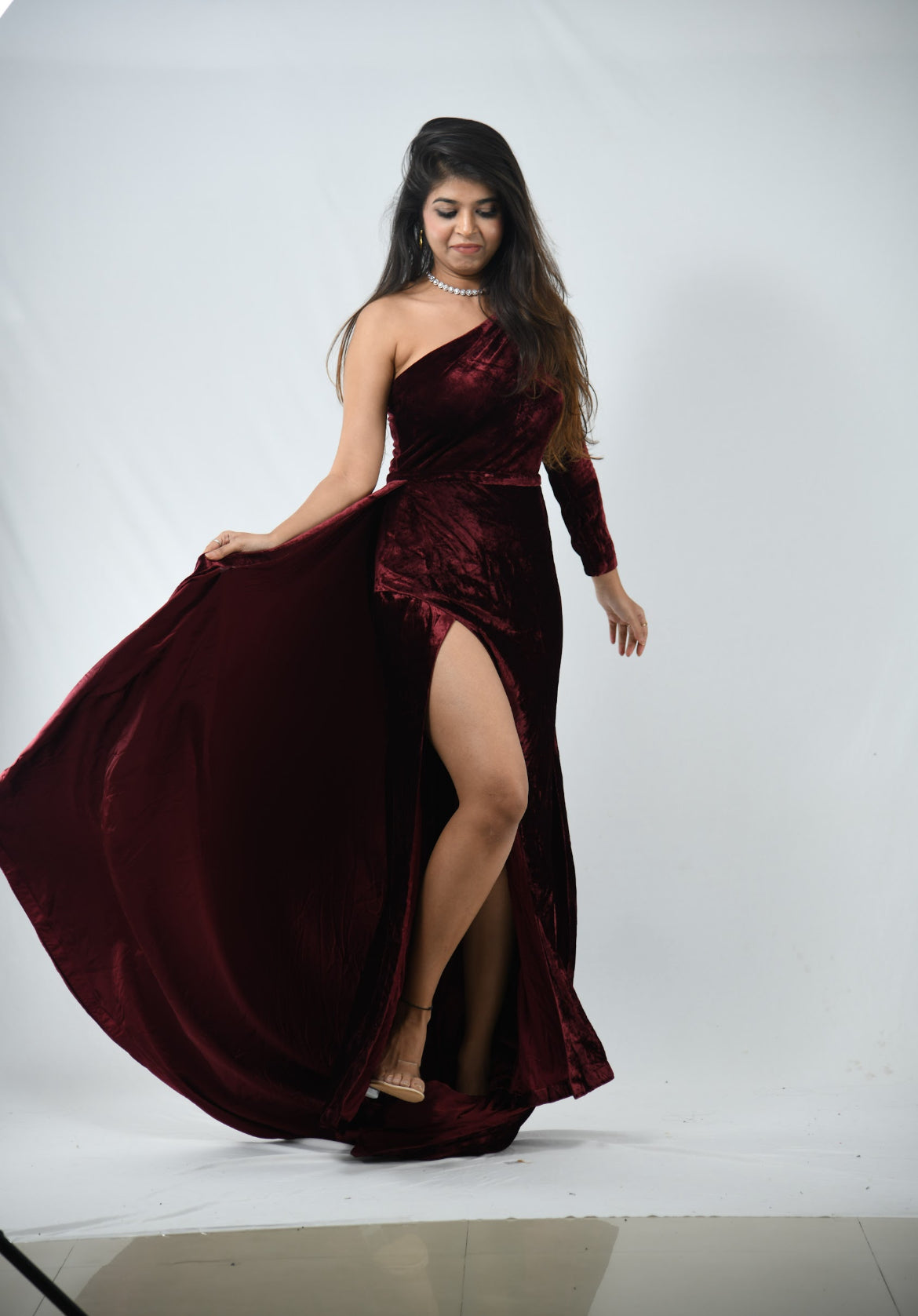 Dolly J Maroon Velvet Evening Gown