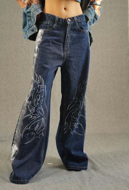 Fire Wing Metallic Blue Wide Bottom Jeans