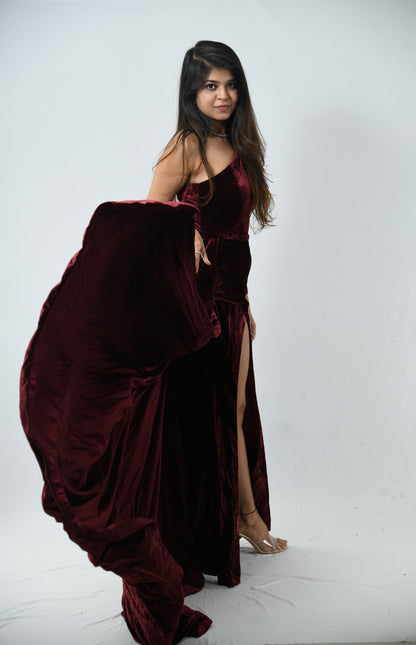 Dolly J Maroon Velvet Evening Gown