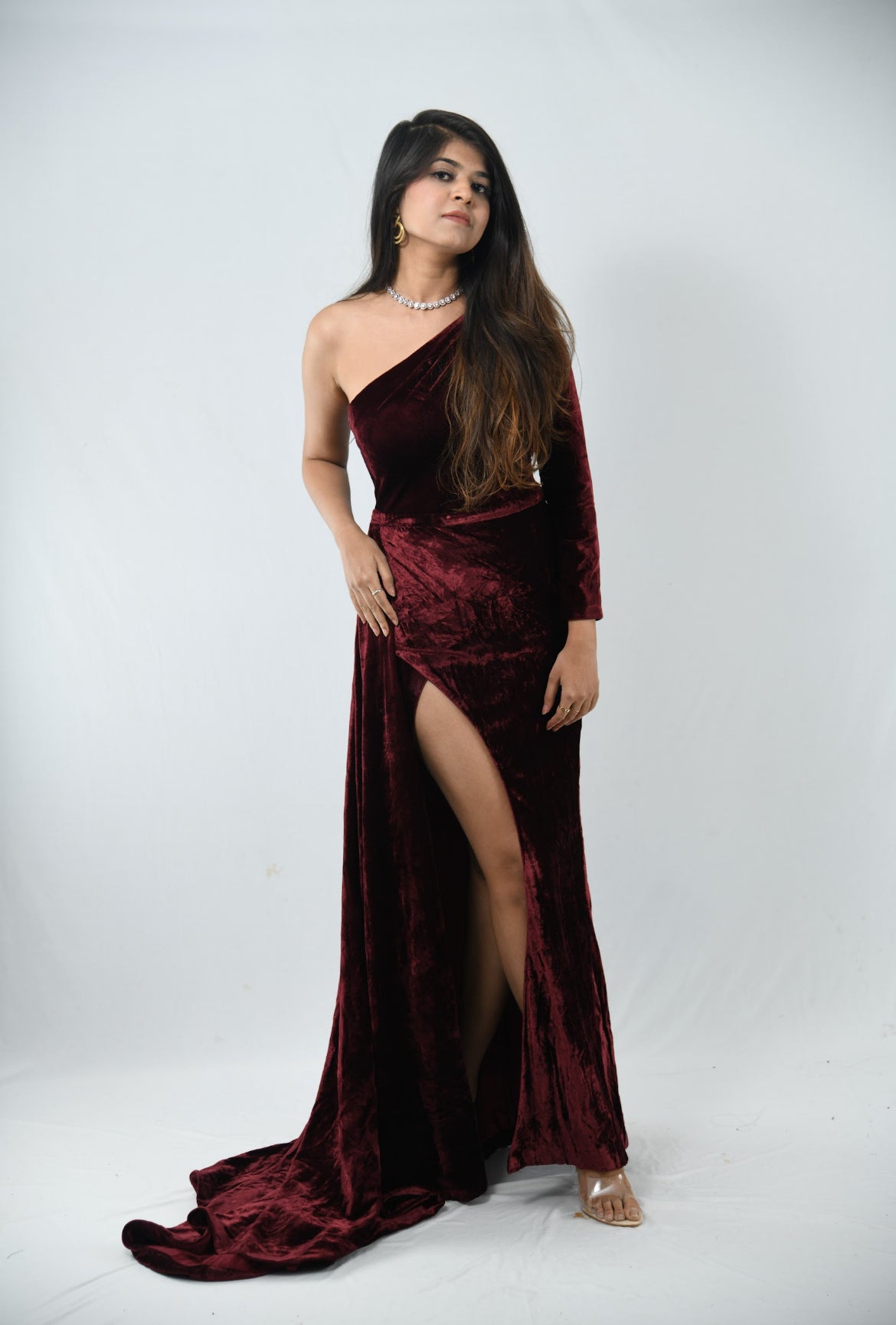 Dolly J Maroon Velvet Evening Gown