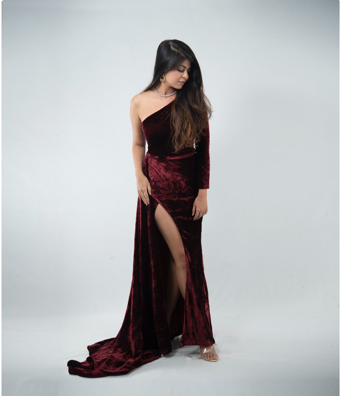 Dolly J Maroon Velvet Evening Gown