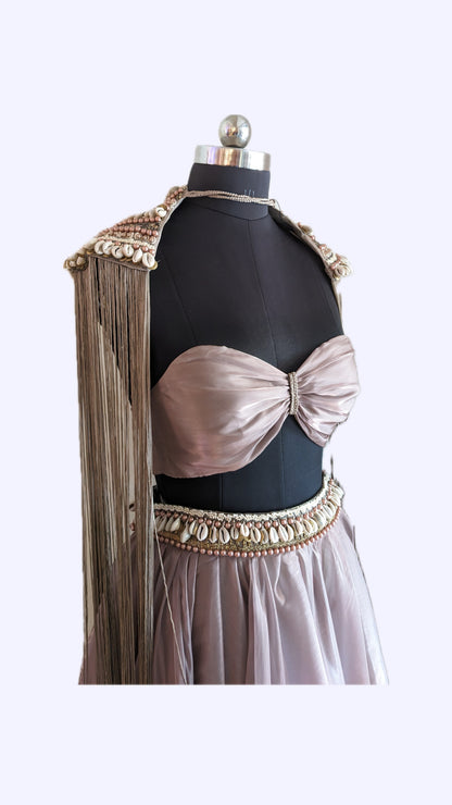 KALKI Taupe Brown Embroidered Cowl Lehenga And Cape Blouse In Shimmer Organza