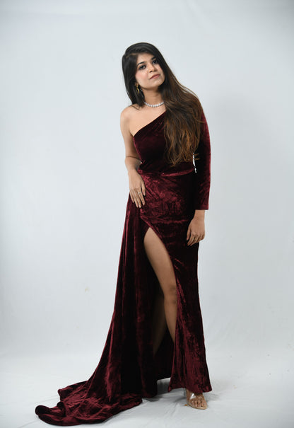 Dolly J Maroon Velvet Evening Gown