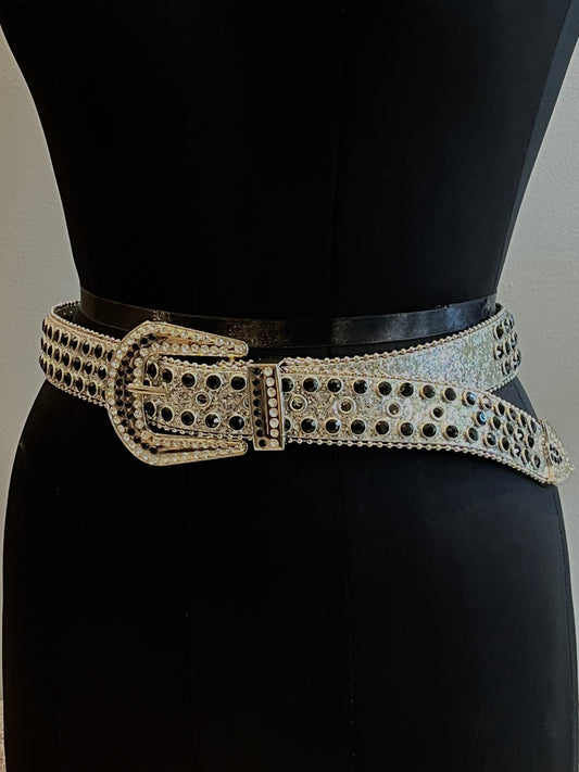 Y2K Silver Rhinestone Belt