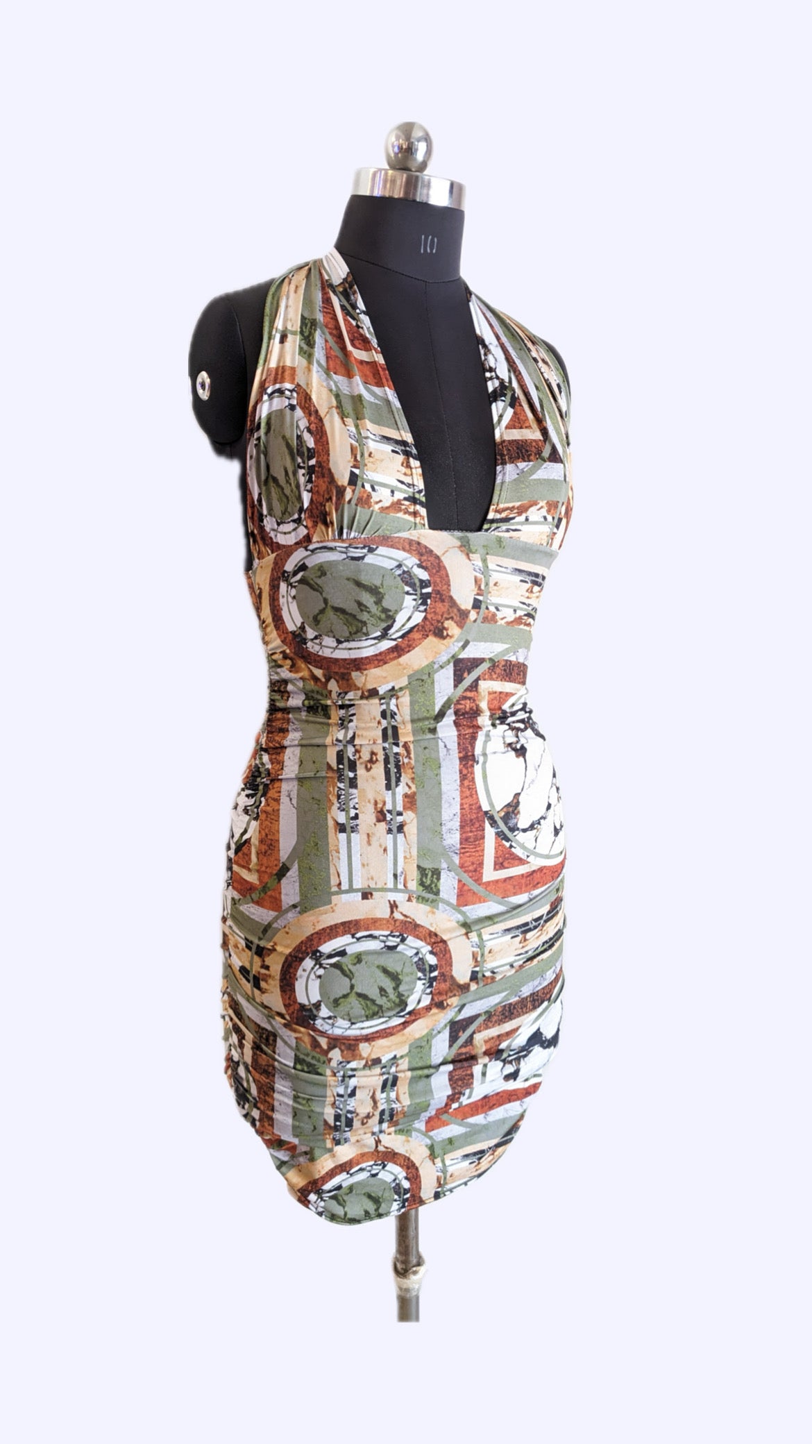 PrettyLittleThing Shape Khaki Tile Print Halter Neck Ruched Bodycon Dress