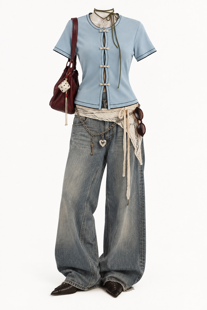 Mahjong Baby Blue Vintage Blouse