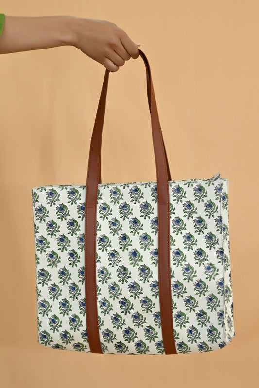 Minty Charm Block Print Tote Bag