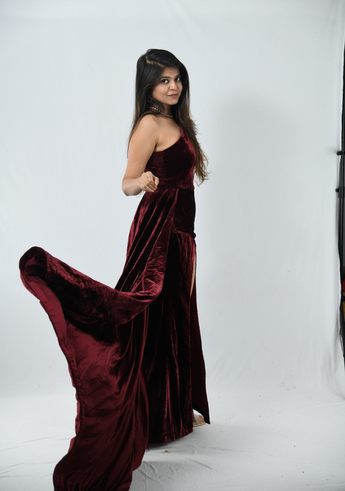 Dolly J Maroon Velvet Evening Gown