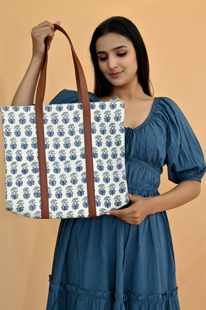 Frosty Floral Block Print Leather Tote Bag