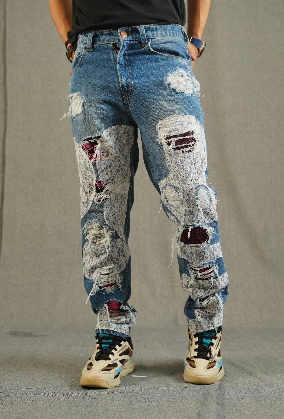 Net Meshed Distressed Denim Jeans