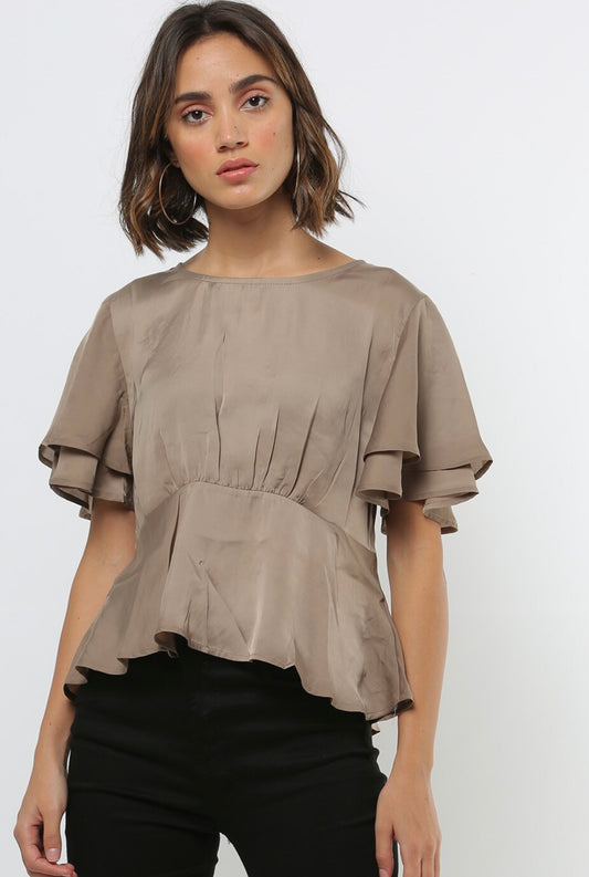 Satin Round Neck Top with Flared Sleeves