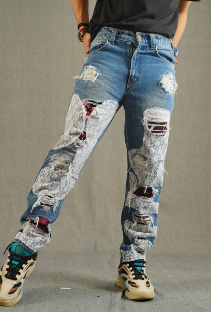Net Meshed Distressed Denim Jeans