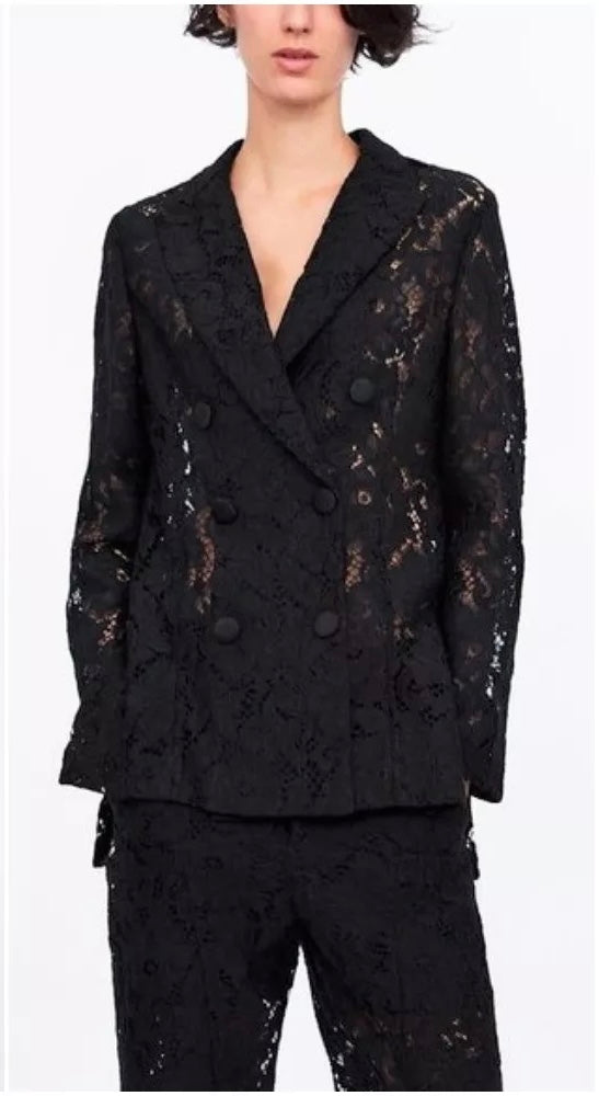 Zara Black Lace Double Brested Blazer JACKET