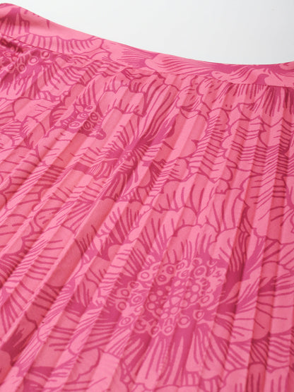 Fuchsia Floral Asymmetric Pleated Skirt