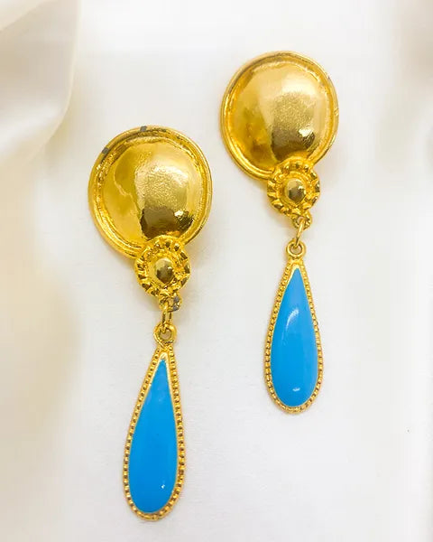 1980s Gold and Turquoise Blue Dangling Clip On