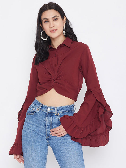 Berrylush Maroon Shirt Collar Frilled Sleeves Crop Top