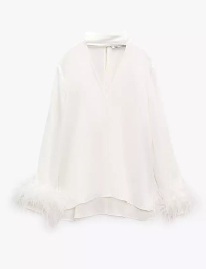 Zara White Sleeves Feather Trim Shirt