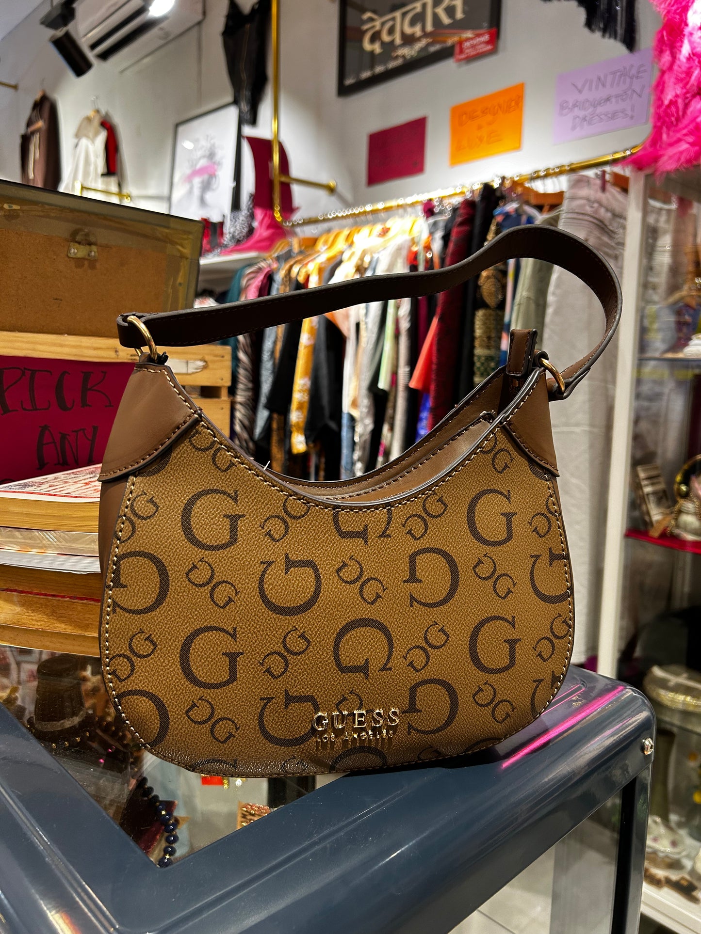 Guess Monogram Mini Hobo Shoulder Bag (Brown)