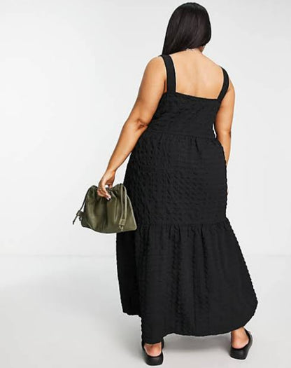 Asos Curve Dungaree Midi Sundress In Bubble Texture In Black