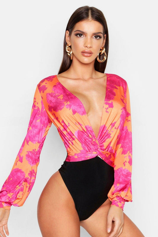 Boohoo Bright Floral Twist Front Long Sleeve Bodysuit