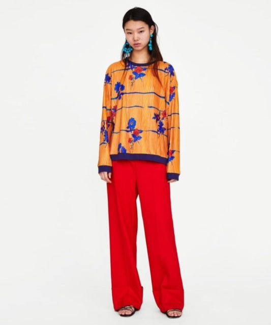 Zara Floral Print Pleated Sweatshirt