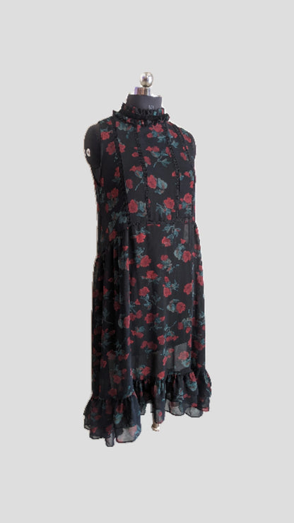 Zara Sheer Rose Printed Dress with Lace detail