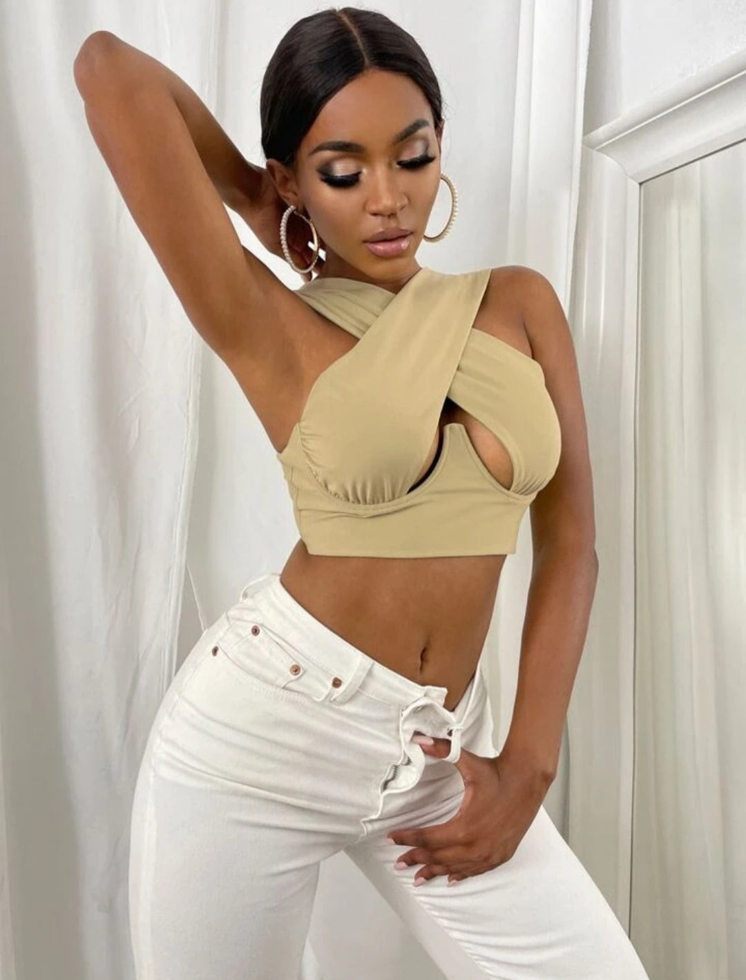 Shein Khaki Sexy Cross Wrap Crop Top