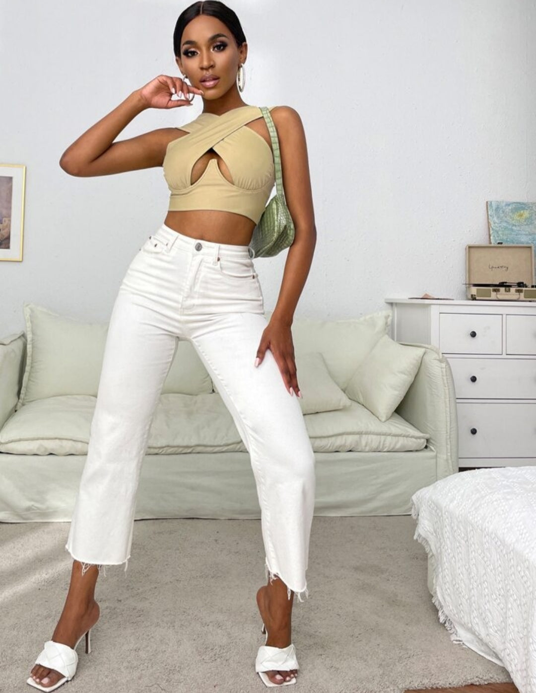 Shein Khaki Sexy Cross Wrap Crop Top