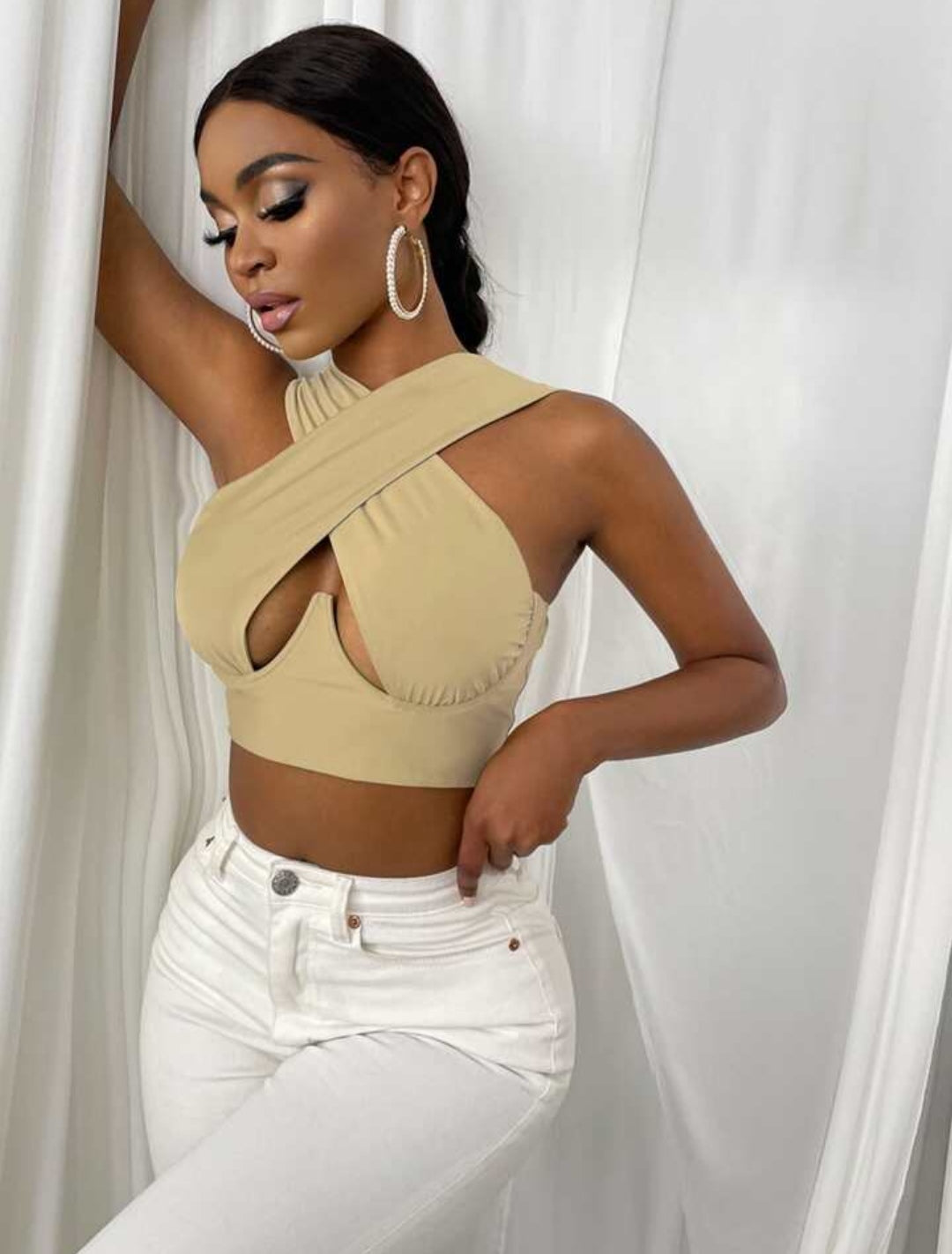 Shein Khaki Sexy Cross Wrap Crop Top