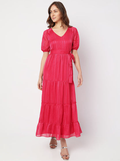 Vero Moda Pink Striped Tired Maxi Dress