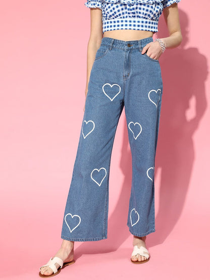 SASSAFRAS Blue Heart Print Wide Leg Jeans