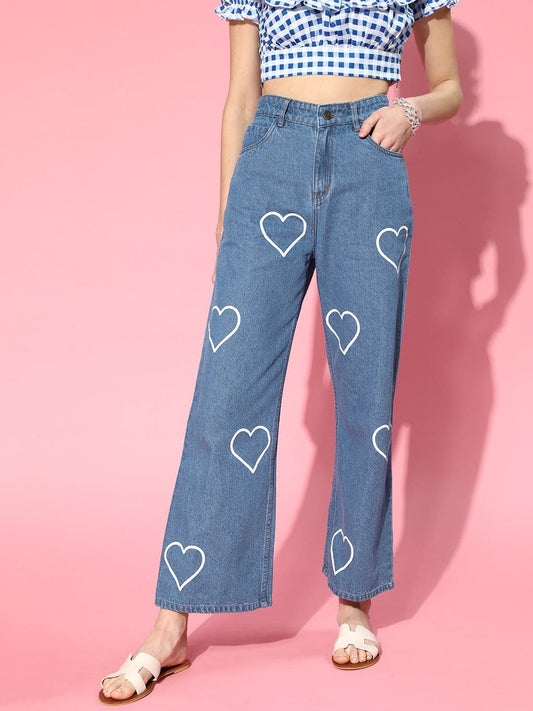 SASSAFRAS Blue Heart Print Wide Leg Jeans