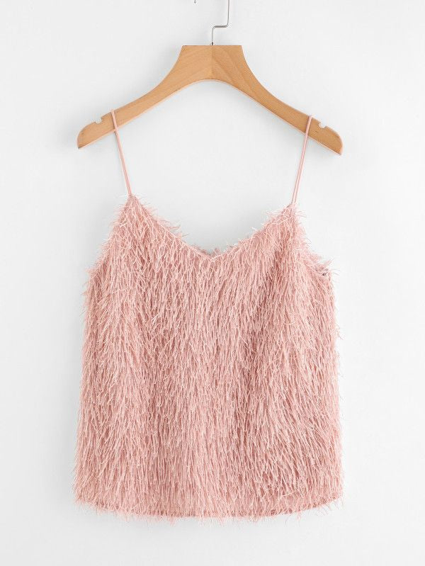 SHEIN Pink Fringe Fluffy Cami Top