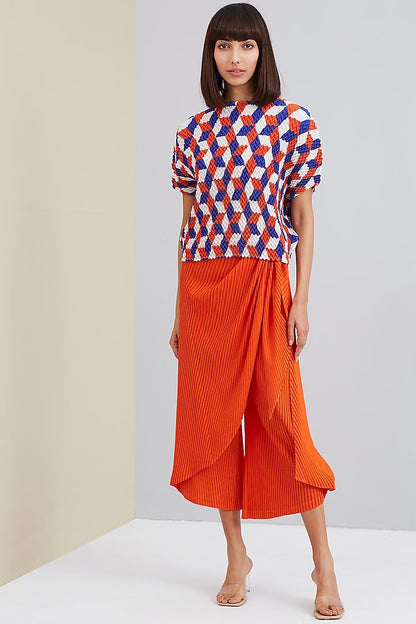 Scarlet Sage Orange And Blue Chevron Pleated Top