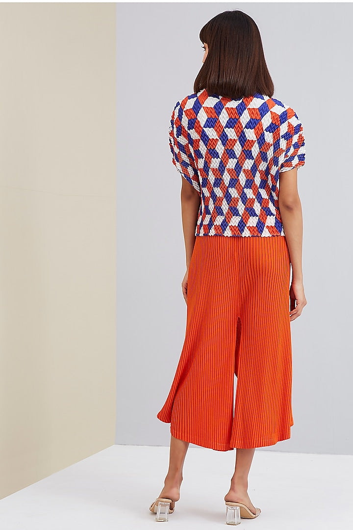 Scarlet Sage Orange And Blue Chevron Pleated Top