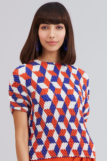 Scarlet Sage Orange And Blue Chevron Pleated Top