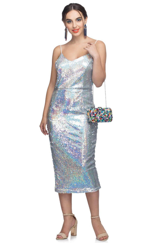 Lulu & Sky Silver Sequined Silver Midi Dress