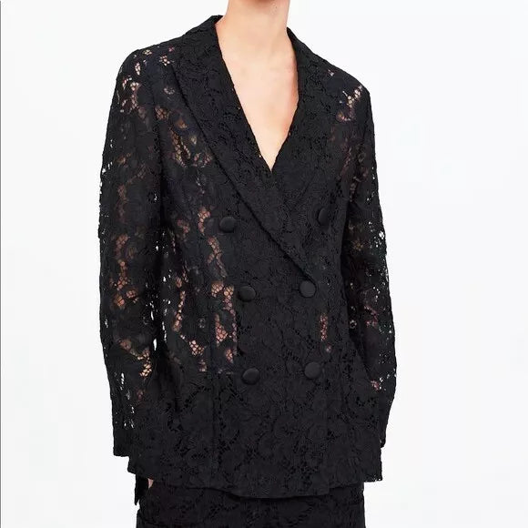 Zara Black Lace Double Brested Blazer JACKET