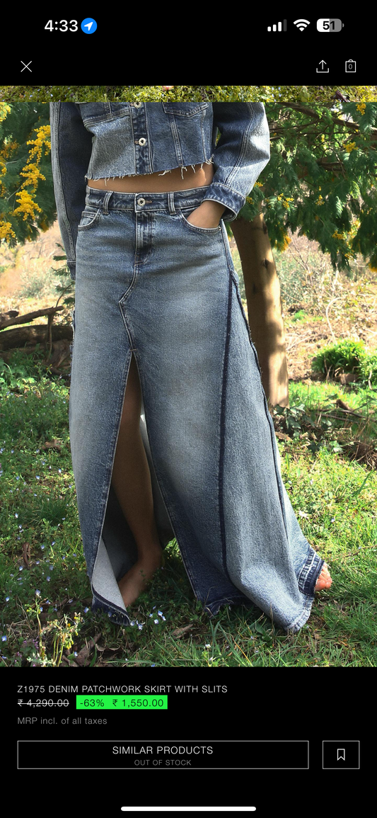 Zara Denim PatchWork Skirt With Slits