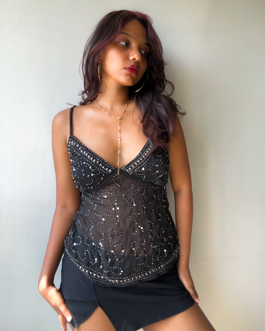 Y2K Desi Black Beaded Top