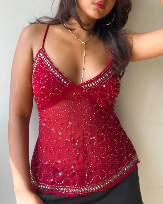 Y2K Desi Red Beaded Top