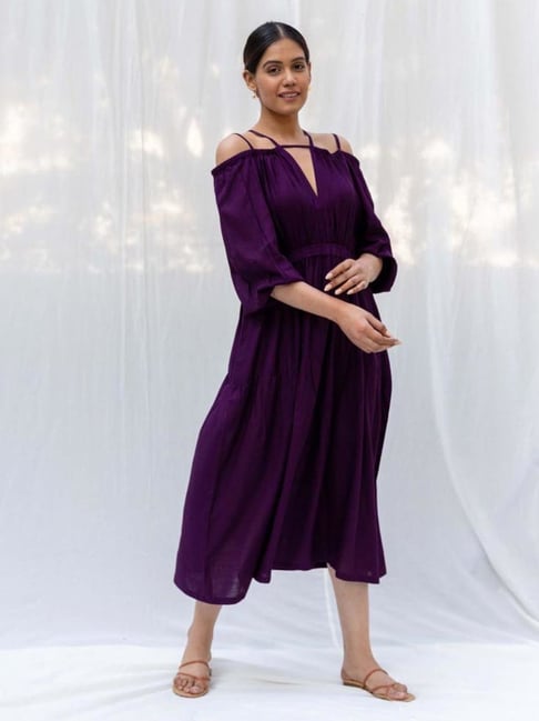 Myaara Wine Off Shoulder Dress