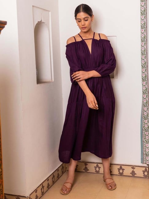 Myaara Wine Off Shoulder Dress