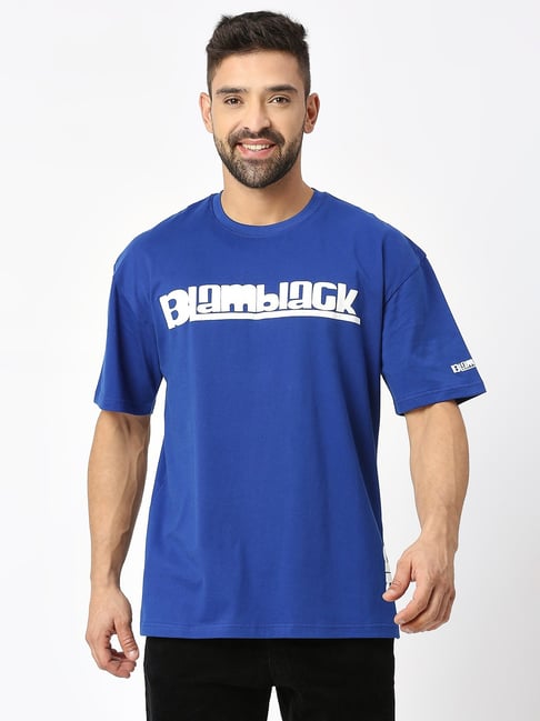 Blamblack Royal Blue Relaxed Fit Printed Oversized Crew Tee