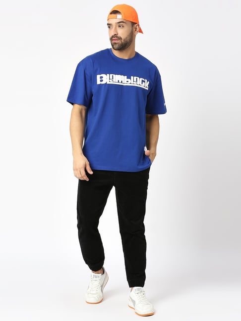 Blamblack Royal Blue Relaxed Fit Printed Oversized Crew Tee