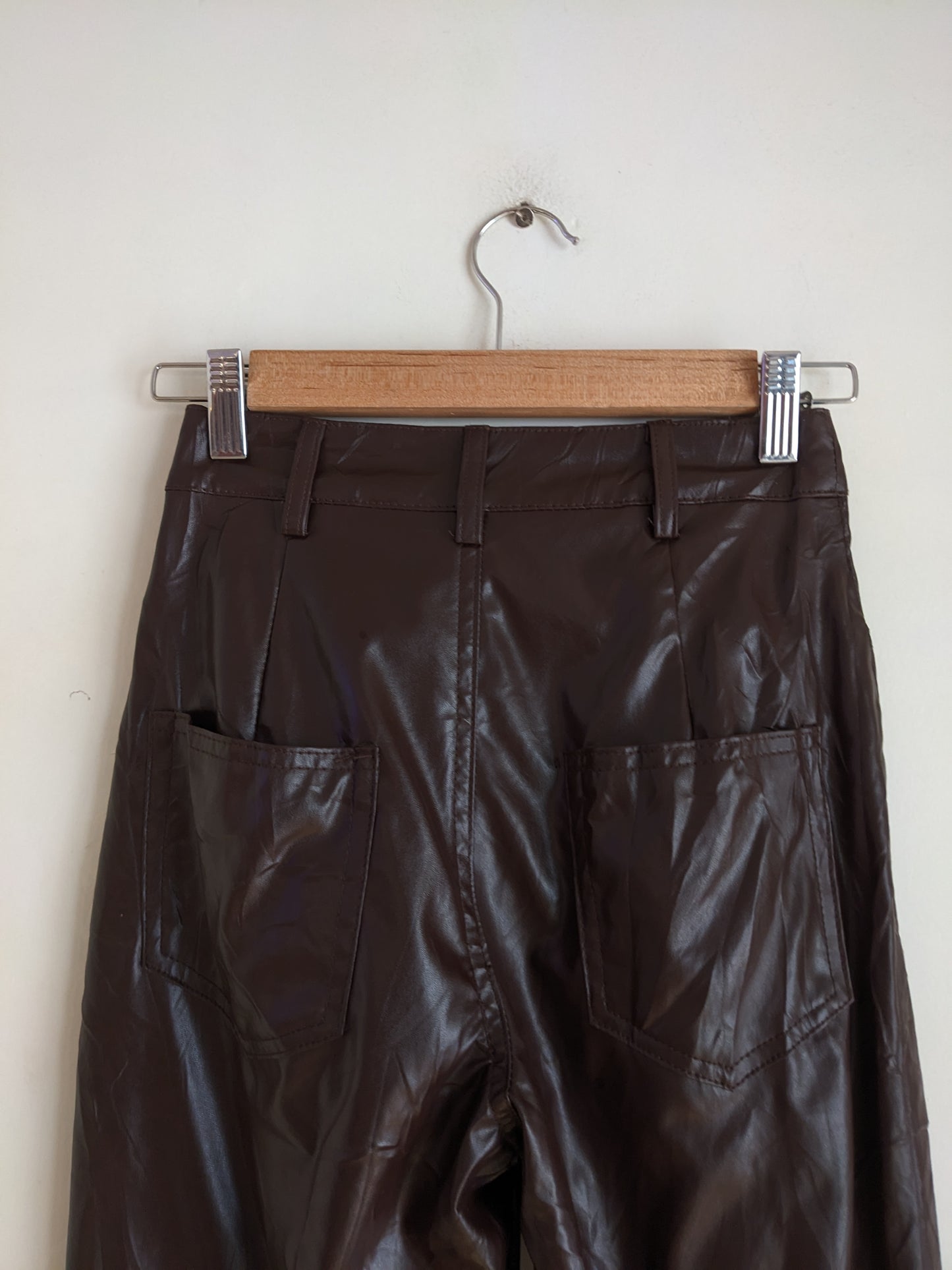 Prettylittlething Chocolate Faux Leather Stitch Detail Wide Leg Pant