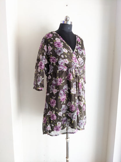 Redoute Floral Print Olive Green Dress